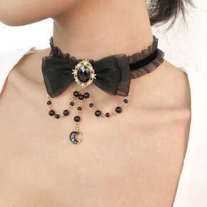 Gothic Choker Necklace Sexy Rhinestone Bow Tie Necklace Moon Star Pendant Necklace Vintage Collar Necklace Pearl Chain Necklace for Women and Girls（Black）
