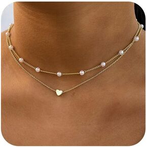 Tasiso Heart Necklace for Teen Girls 14k Gold Plated Tiny Heart Pendant Pearl Choker Necklaces Layered Gold Heart Necklace for Women Dainty Simple Gold Jewelry Gifts for Women