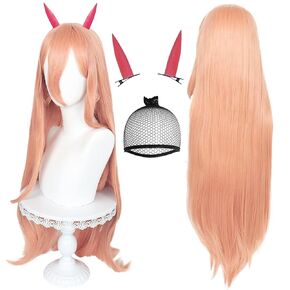 JoneTing Light Orange Wig【+Wig Cap +2 Horns】 Power Wig for Girls Long Anime Cosplay Wig With Bangs Synthetic Long Straight Wig for Anime Cosplay Party Halloween Cosplay in Kuwait
