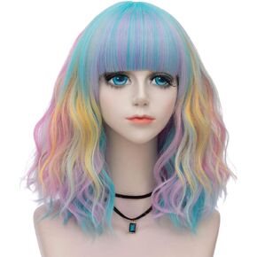 شعر مستعار لوليتا مجعد قصير 40 سم من مجموعة سويتي راينبو للسيدات من بروبيوتي + قبعة شعر مستعار (يونيكورن كاندي B) in Kuwait
