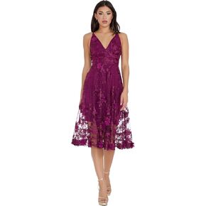 Dress the Population Women's Audrey Spaghetti Strap Midi A-line 3D Floral Dress