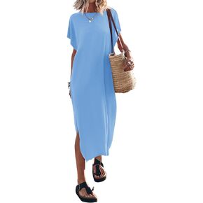 Yousify Women's Summer Maxi Dress T-Shirt Cap Sleeve Crewneck Casual Loose Slit Side Long Beach Vacation Dresses