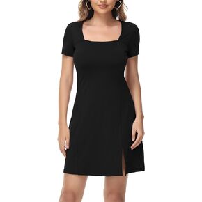 Women's Square Neck Bodice Casual Dress Short Sleeve Stretch Side Slit Flare Mini Dresses