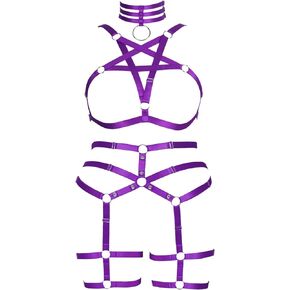 Fat Women's Body Harness Pentagram Lingerie Plus Size Hollow Cage Bra Leg Garter Set Carnival Punk Gothic Dance Costume