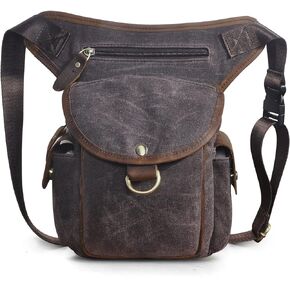 Le'aokuu Men Canvas And Genuine Leather Messenger Waterproof Shoulder Bag Motorcycle Tactic Fanny Belt Waist Bag Pack Pouch Drop Leg Bag 9938 (0 Dark Coffee)