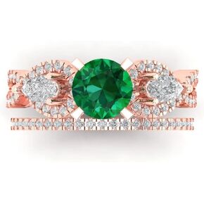 Clara Pucci 2.0ct Round Cut Solitaire 3 stone Simulated Green Emerald Engagement Promise Anniversary Bridal Ring Band set 14k Rose Gold
