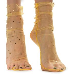Marigold Yellow Radiance: Women Sheer Slouch Tulle Socks | Shiny Glitter Novelty Decorated Loose Socks with Stars & Moon - Ankle High 1 Pair (one size)