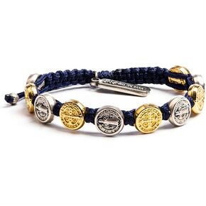 Handwoven Blessing Bracelet with Benedictine Metal Charms (Mixed Medals on Navy)