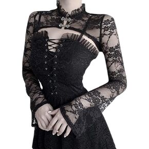 المرأة مثير القوطية كم طويل الدانتيل تتغاضى بلوزات الرجعية Steampunk من المحاصيل القمم سترة سترة لحزب الهالوين زي in Kuwait
