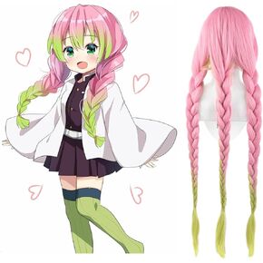 Ccfurwo Long Wigs for Mitsuri Cosplay Girls Braided Wigs for Kanroji Mitsuri Costume Anime Cute Soft Synthetic Wig with Wig Caps CC027C in Kuwait