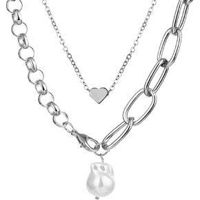 Women's Pearl Strand Necklaces Pendants Choker Chain,Gold Love Heart Layered Pearl Chain Necklace,Silver Pearl Necklaces Women Girls Wedding Jewelry