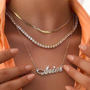Layered Rhinestone Pendant Necklace Gold Crystal Aries Necklaces Chain Sparkly Letter Snake Chain Choker Necklace Fashion Constellation Jewelry for Women and Girls