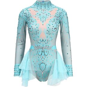 6 Colors Shiny Rhinestones Sexy Skinny Bodysuit Prom Party Birthday Celebrate Evening Women Dress Stage Wear Costume (Blue)