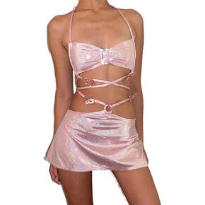 LUDRESS 2 قطعة تنورة وردية مجموعة الدانتيل يصل بريق المحاصيل الأعلى مثير نادي تنورة صغيرة الهذيان الرسن العلوي التألق قطع علوية للنساء in Kuwait