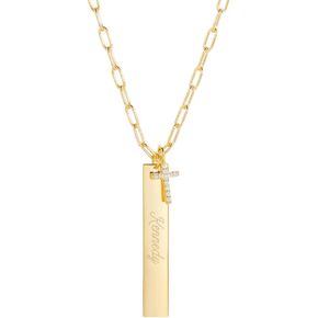 Custom Engraved Gold Tone Vertical Name Bar Necklace with Cross Charm (18" long paperclip chain) - Personalized Necklace for Her - Gift for Her - Mother's Day Gifts