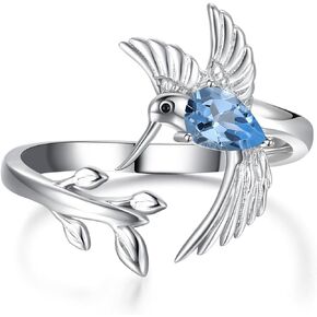 Hummingbird Leaf Ring for Women S925 Sterling Silver Birthstone Ring Adjustable Open Rings Jewelry Birthday Gifts