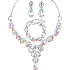 Women's Wedding Bridal Teardrop Austrian Crystal Statement Necklace Dangle Earrings Link Bracelets Jewelry Set for Women Brides Bridesmaids Wedding Prom Party Rhinestone Costume Accessories