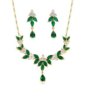 Bridal Jewelry Set for Wedding - Women's Teardrop Cubic Zirconia Crystal CZ Cluster Floral Leaf Dangle Earring Necklace Set