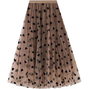 Women's Floral Print Mesh A-Line Midi Skirt 3D Posy Tulle Layered Skirt