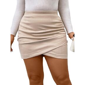 WDIRARA Women's Plus Size Wrap Front Bodycon Skirt High Waist Ruched Asymmetrical Hem Casual Mini Skirts
