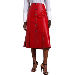 Genuine Leather Skirts for Women A-Line Pleated Skater Midi Skirt with Slit Red