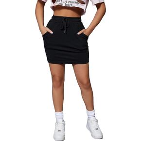 Floerns Women's Solid Drawstring High Waist Bodycon Mini Skirt with Pocket