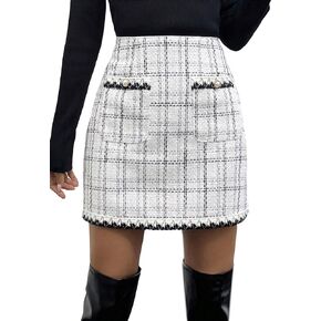 WDIRARA Women's Plaid High Waist Raw Trim Elegant Tweed Skirt with Pocket