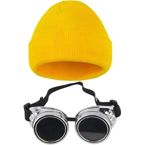 Halloween Yellow Beanie with Vintage Steampunk Goggles Knit Yellow Hat Punk Sunglasses Cosplay Set for Women Men