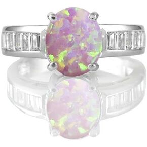 Savlano 14K White Gold Plated Oval Created Opal with Cubic Zirconia Ring for Women & Girls - Comes With a Gift Box