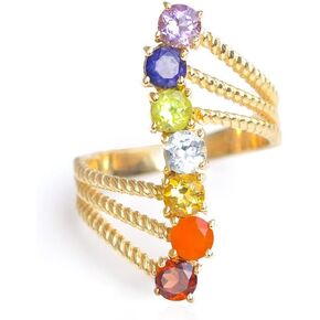 YoTreasure Chakra Healing Gemstone 925 Sterling Silver Gold Plated Bypass Ring Jewelry