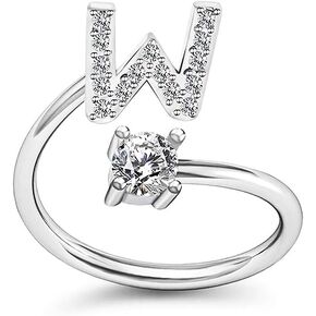 HUJUON Silver Initial Letter Ring for Women Girl. Adjustable Crystal Alphabet Ring,Name Initials Stackable Knuckle Rings A-Z Teens CZ Open Ring