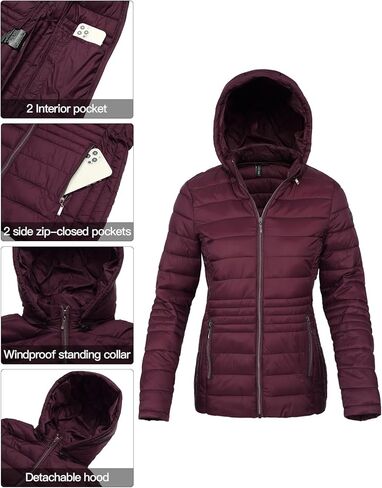 Womens Puffer Jacket Lightweight Packable Long Winter Coats Waterproof Down Jacket, Burgundy L in Kuwait