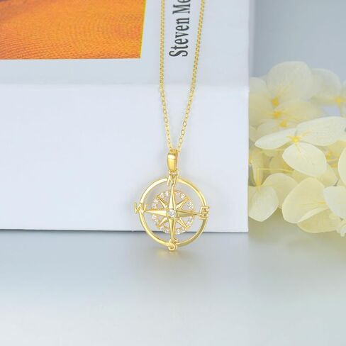 SISGEM Solid 14K Gold Compass Necklace for Women,Real Gold Compass Necklace Pendant Necklace with Cubic Zirconia Jewelry Gifts for Christmas Birthday Graduation Daughter Wife Sister,16+2 inch in Saudi Arabia