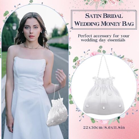 4 Pcs Satin Bridal Wedding Money Bag Wedding Satin Gift Bag Bridal Showers Handbag with Pearl White Bridesmaid Bridal Satin Flower Decorated Bag for Wedding Favor Dollar Dance Bridal Purse in Saudi Arabia