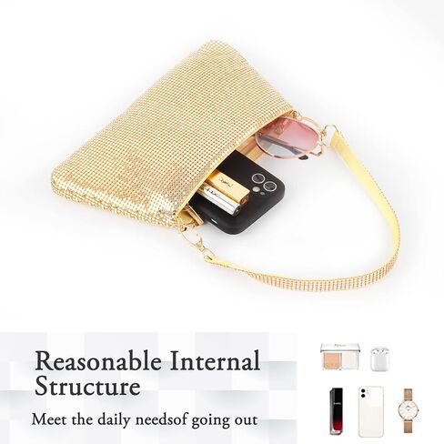 AOYUNHUI Gold Clutch Purses Evening Bag for Women Chic Evening Bags Purse Bling with a gold Detachable Shoulder Chain Shiny Handle Bag for Girls Women-Gold in Kuwait