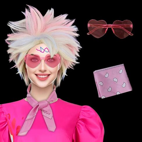 Anogol Hair Cap+ 3 Pcs ( 1 Pair of Glasses +1 Bandana ) Short Blonde Wig with Blue Pink Highlight Blonde Cosplay Wig for Women Girls Synthetic Hair Wig Halloween Party Costume Wig in Saudi Arabia
