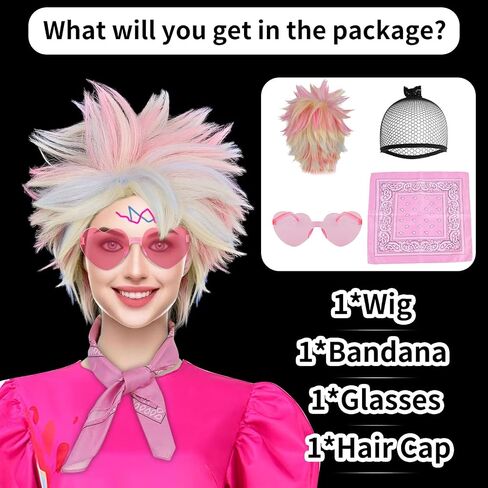 Anogol Hair Cap+ 3 Pcs ( 1 Pair of Glasses +1 Bandana ) Short Blonde Wig with Blue Pink Highlight Blonde Cosplay Wig for Women Girls Synthetic Hair Wig Halloween Party Costume Wig in Saudi Arabia