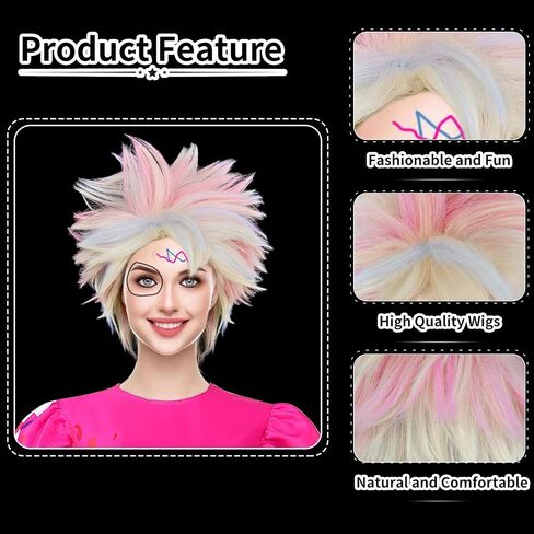 Anogol Hair Cap+ 3 Pcs ( 1 Pair of Glasses +1 Bandana ) Short Blonde Wig with Blue Pink Highlight Blonde Cosplay Wig for Women Girls Synthetic Hair Wig Halloween Party Costume Wig in Saudi Arabia