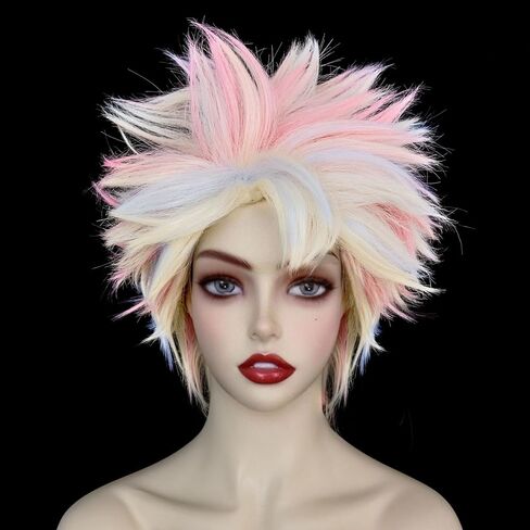 Anogol Hair Cap+ 3 Pcs ( 1 Pair of Glasses +1 Bandana ) Short Blonde Wig with Blue Pink Highlight Blonde Cosplay Wig for Women Girls Synthetic Hair Wig Halloween Party Costume Wig in Saudi Arabia