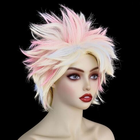 Anogol Hair Cap+ 3 Pcs ( 1 Pair of Glasses +1 Bandana ) Short Blonde Wig with Blue Pink Highlight Blonde Cosplay Wig for Women Girls Synthetic Hair Wig Halloween Party Costume Wig in Saudi Arabia