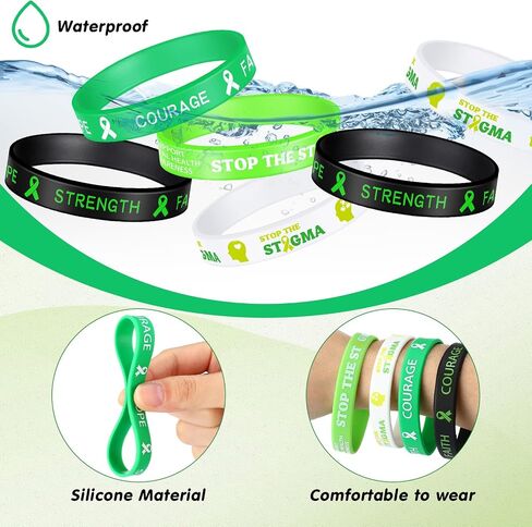 Bulk Mental Health Awareness Bracelet Green Awareness Ribbon Silicone Bracelets with Inspirational Saying Disease Awareness Wristbands Hope Strength Faith Courage Bracelets in Saudi Arabia