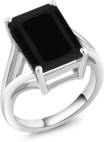 Gem Stone King 925 Sterling Silver Black Onyx Solitaire Ring For Women (6.60 Cttw, Emerald Cut 14X10MM, Gemstone Birthstone, Available In Size 5, 6, 7, 8, 9) in Saudi Arabia