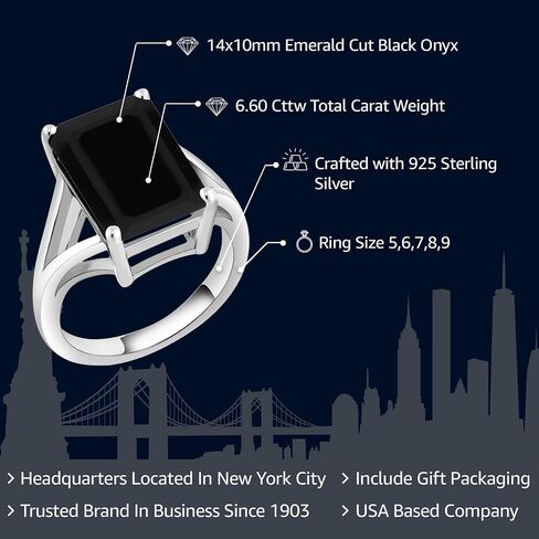 Gem Stone King 925 Sterling Silver Black Onyx Solitaire Ring For Women (6.60 Cttw, Emerald Cut 14X10MM, Gemstone Birthstone, Available In Size 5, 6, 7, 8, 9) in Saudi Arabia