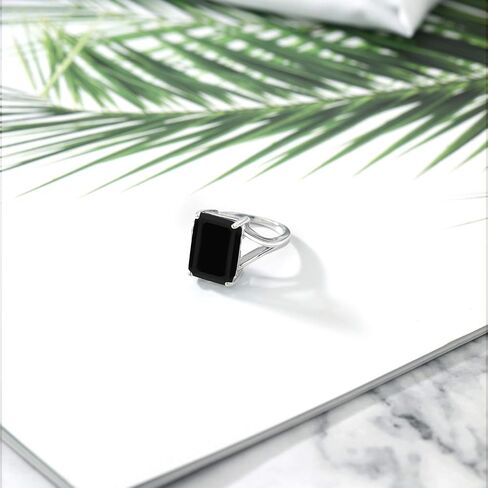 Gem Stone King 925 Sterling Silver Black Onyx Solitaire Ring For Women (6.60 Cttw, Emerald Cut 14X10MM, Gemstone Birthstone, Available In Size 5, 6, 7, 8, 9) in Saudi Arabia