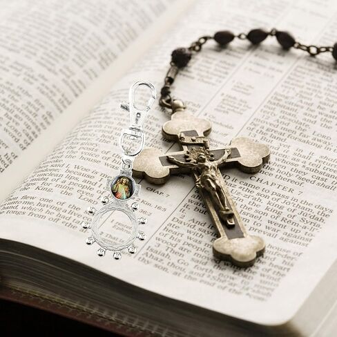نيدزو الرحمة الإلهية خاتم مسبحة يسوع المسيح، سلسلة مفاتيح دينية فضية اللون، صلاة صغيرة، 3.5 بوصة in Kuwait
