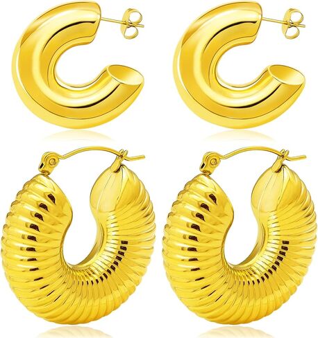 2x 14K Gold Earrings for Women Girls Valentine's Gift,Cuff Wrap Huggie Earrings, Chunky Round DomeTeardrop Earrings,Waterdrop,Minimalist,Lightweight,Hypoallergenic in Saudi Arabia