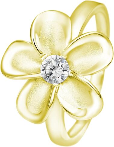 925 Sterling Silver 15mm Hawaiian Plumeria Flower Ring with Cubic Zirconia, 14K Gold Plated, Nickel Free Hypoallergenic for Sensitive Skin, Hawaii Island Jewelry, with Gift Box in Saudi Arabia