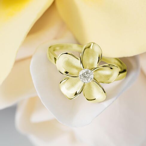 925 Sterling Silver 15mm Hawaiian Plumeria Flower Ring with Cubic Zirconia, 14K Gold Plated, Nickel Free Hypoallergenic for Sensitive Skin, Hawaii Island Jewelry, with Gift Box in Saudi Arabia
