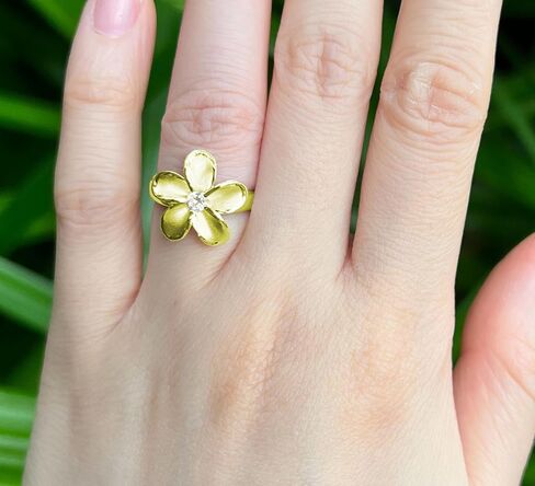 925 Sterling Silver 15mm Hawaiian Plumeria Flower Ring with Cubic Zirconia, 14K Gold Plated, Nickel Free Hypoallergenic for Sensitive Skin, Hawaii Island Jewelry, with Gift Box in Saudi Arabia