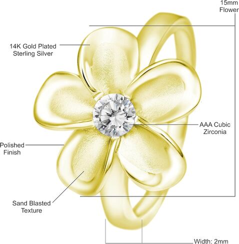 925 Sterling Silver 15mm Hawaiian Plumeria Flower Ring with Cubic Zirconia, 14K Gold Plated, Nickel Free Hypoallergenic for Sensitive Skin, Hawaii Island Jewelry, with Gift Box in Saudi Arabia